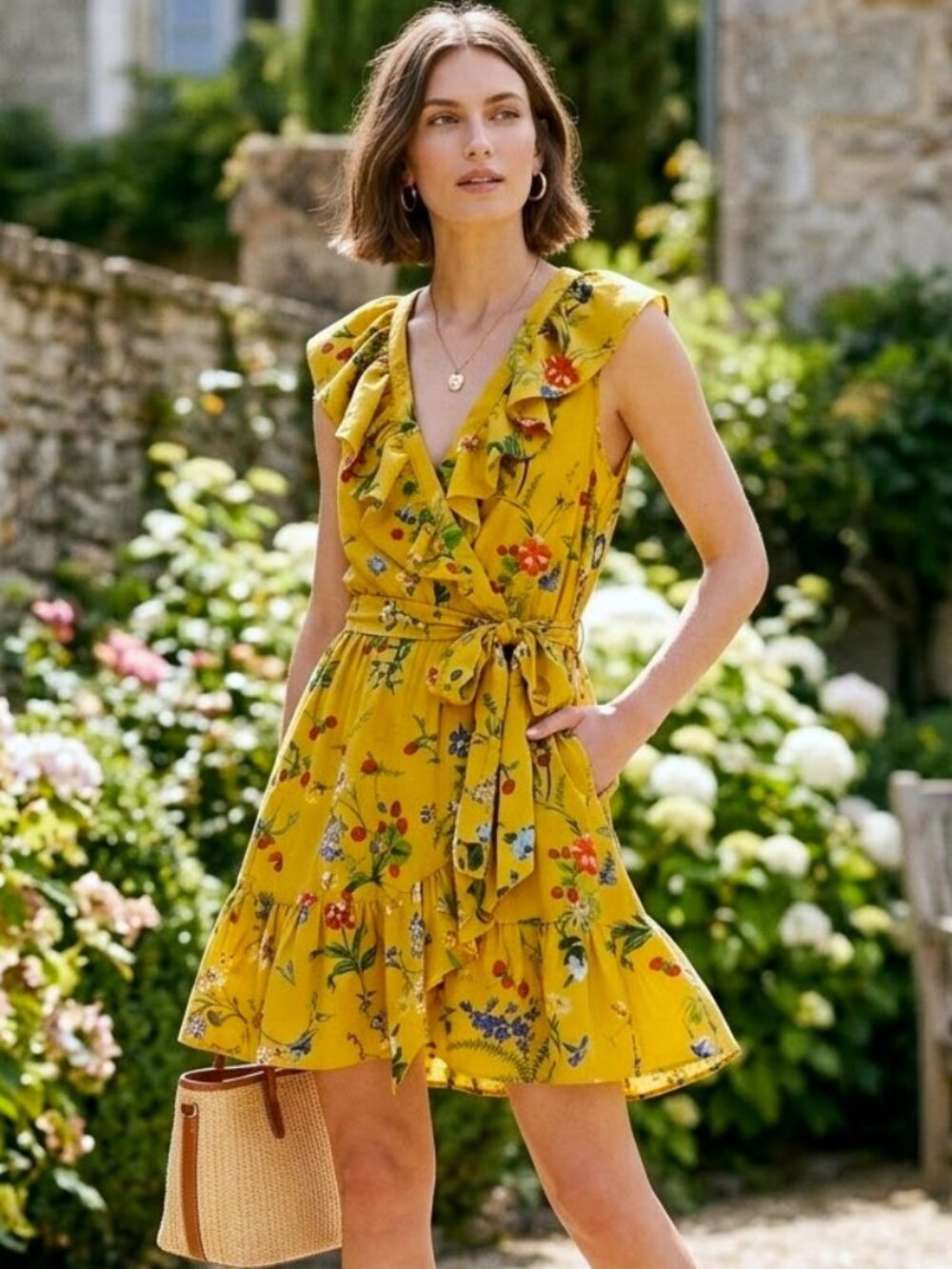 Anthropologie Maeve Floral Faux Wrap Ruffle Wildflower Mini Dress Size Medium